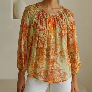 Sundance 100% Silk Sheer Long Sleeve Button Front Blouse Top Medium Orange Green